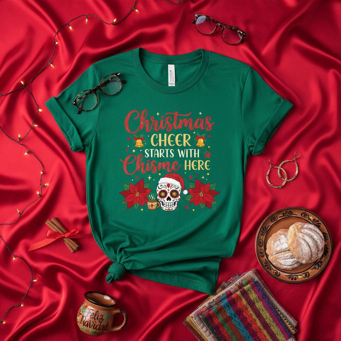 Christmas Cheer Starts With Chisme Here T-Shirt, Funny Xmas Skull Poinsettia Tee, Holiday Party Top, Spanish English Mixed Text Shirt, Day of the Dead Santa Hat Sugar Skull, Feliz Navidad Mug Decor, Unisex Gift