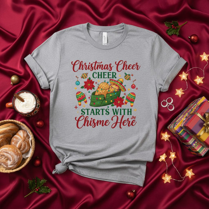 Christmas Cheer Starts With Chisme Here Unisex T-Shirt, Funny Mexican Holiday Shirt with Tamales Sombrero and Piñata, Spanglish Christmas Party Tee, Latino Family Gathering Gift Idea.