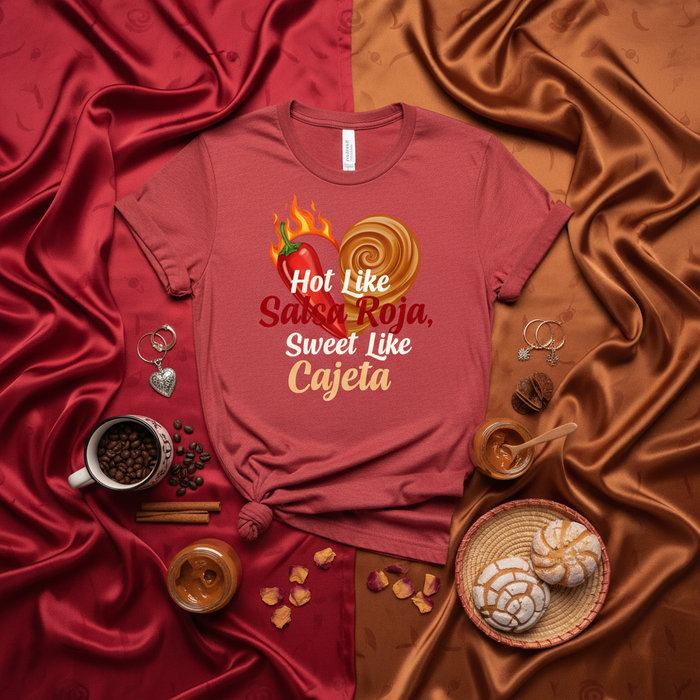 Hot Like Salsa Roja Sweet Like Cajeta T-Shirt, Spicy Mexican Food Lover Shirt, Latina Gift, Spanish Slogan Tee with Chile Pepper and Caramel Swirl Graphic, Unisex Apparel