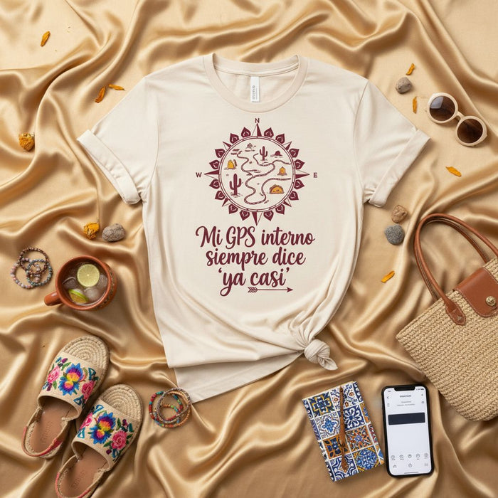 Mi GPS interno siempre dice "ya casi" - Camiseta Unisex con Diseño de Brújula, Desierto, Cactus y Ruta, Regalo para Viajeros con Sentido del Humor, Estilo Boho Casual