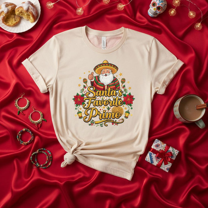 Santa's Favorite Primo Christmas Shirt, Funny Mexican Santa Tee, Unisex Holiday Cousin Family T-Shirt, Poinsettia Sombrero Fiesta Celebration Apparel, X-Mas Gift Idea