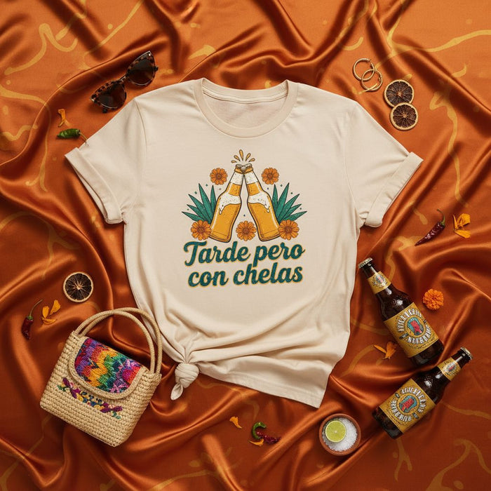 Tarde Pero Con Chelas Shirt, Funny Spanish Drinking Tee, Retro Fiesta Beer Bottles Graphic T-Shirt, Cinco de Mayo Party Top, Mexican Heritage Gift Idea