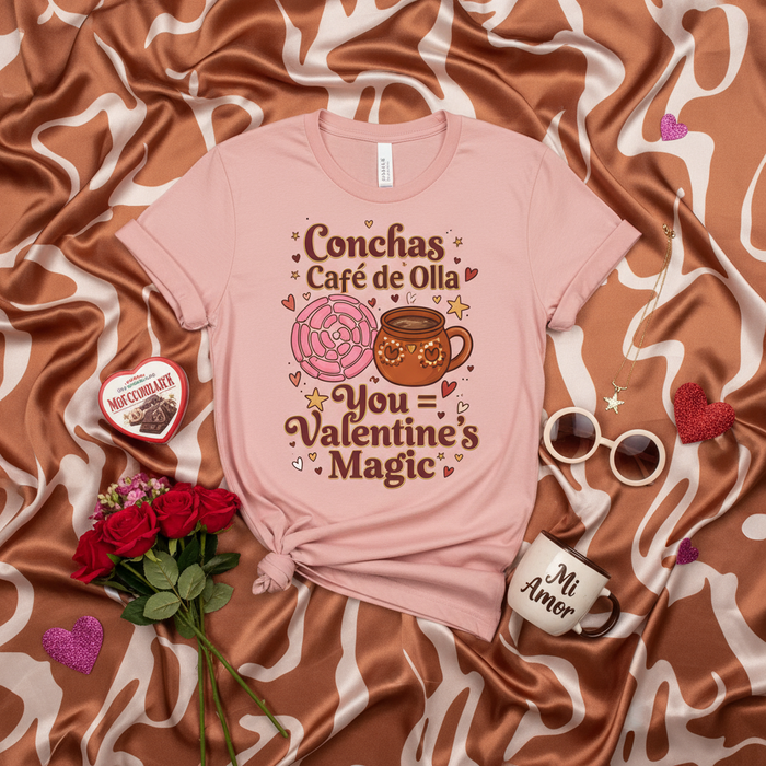 Conchas Café de Olla You = Valentine's Magic Shirt, Hispanic Valentine's Day T-Shirt, Cute Pan Dulce Coffee Lovers Tee, Mexican Food Culture Gift Top, Pink Unisex Graphic T-Shirt
