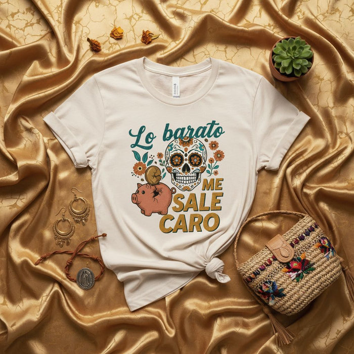 Lo barato me sale caro Day of the Dead Sugar Skull Piggy Bank T-Shirt, Funny Spanish Proverb Shirt, Dia de Muertos Gift, Frugal Budgeting Tee, Unisex