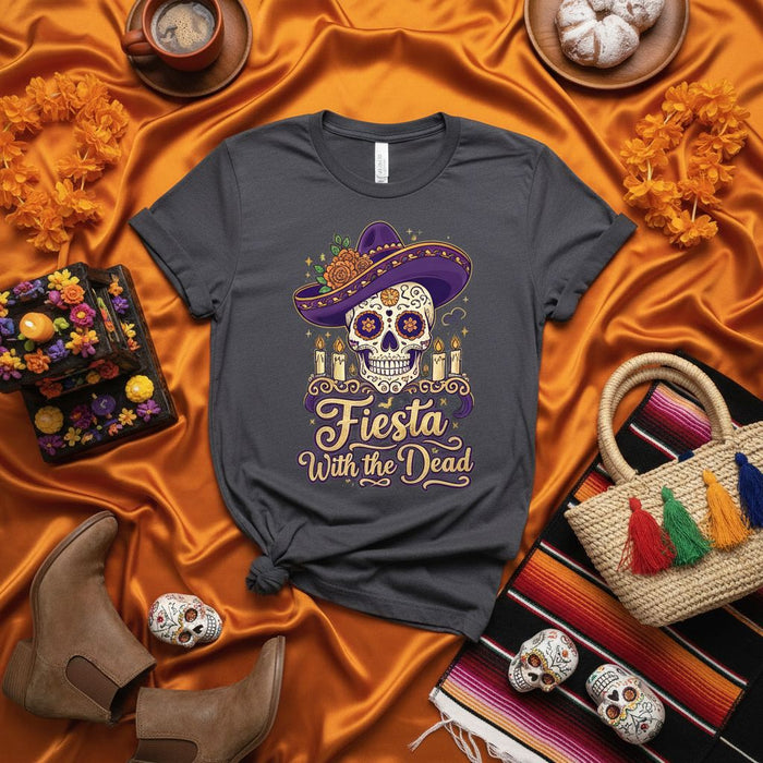 Fiesta With the Dead Sugar Skull Day of the Dead T-Shirt, Unisex Dia de Muertos Graphic Tee with Sombrero and Candles, Calavera Festival Shirt