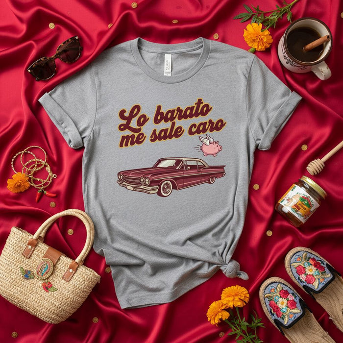Lo barato me sale caro T-Shirt, Classic Car Lowrider Pig Spanish Proverb Tee, Funny Latino Gift for Men Women, Unisex Gray Shirt