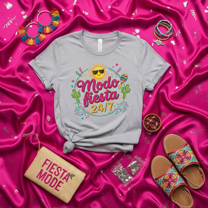 Modo Fiesta 24/7 T-Shirt Unisex, Fun Party Mode Shirt, Cinco de Mayo Mexican Holiday Tee, Cactus Sun Fiesta Celebration Graphic T-Shirt