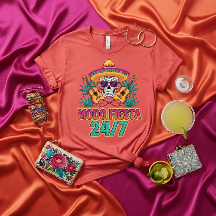Modo Fiesta 24/7 Skull Sombrero Guitars T-Shirt, Cinco de Mayo Party Tee, Mexican Festival Outfit, Unisex Graphic Tee, Fun Drinking Vacation Shirt