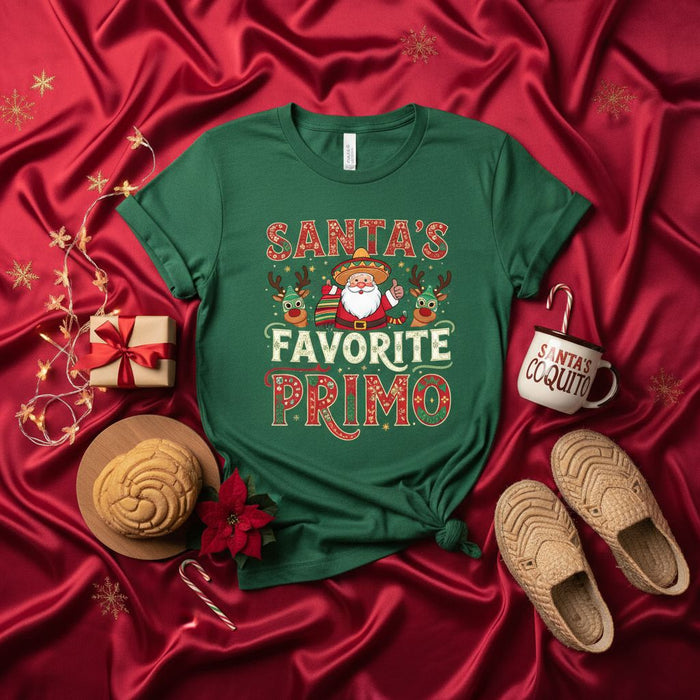 Santa's Favorite Primo Shirt, Funny Mexican Christmas T-Shirt, Primo Navidad Tee with Mariachi Santa and Reindeer, Latine Holiday Party Top, Family Matching Christmas Gift for Cousin