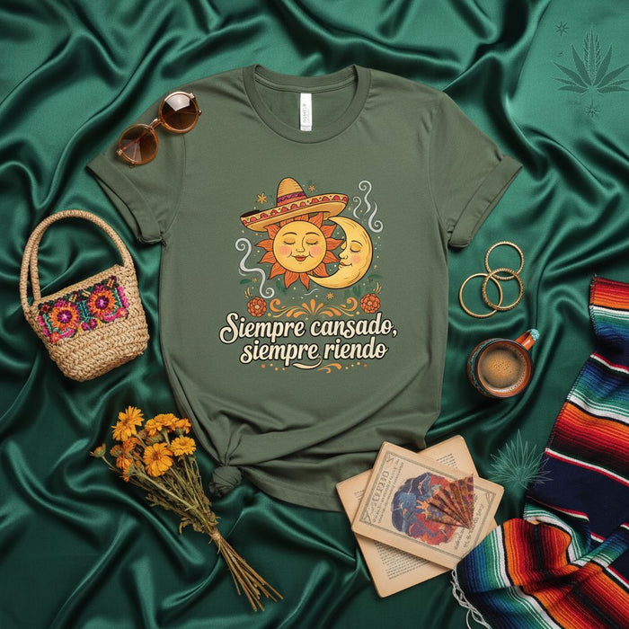 Siempre cansado, siempre riendo Mexican Sun and Moon Shirt, Funny Siesta Fiesta T-Shirt, Cute Vintage Style Graphic Tee, Spanish Quote Unisex Casual Top