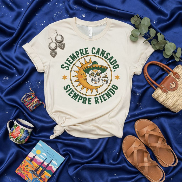 Siempre Cansado Siempre Riendo T-Shirt, Tired Skeleton Skull Drinking Coffee on Moon, Funny Day of the Dead Dia de Muertos Gift, Unisex Spanish Quote Tee