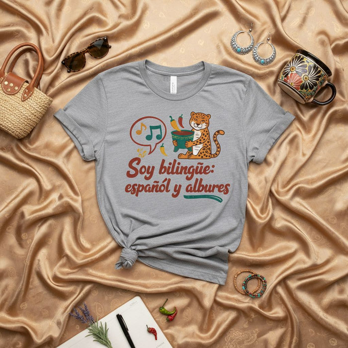 Soy bilingüe: español y albures T-Shirt, Funny Bilingual Spanish Pun Tee with Leopard, Chiles, and Music Notes, Humor Gift for Mexican Culture Lovers, Unisex Graphic Shirt