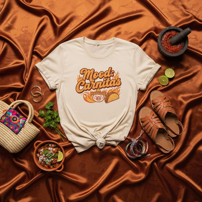 Mood Carnitas T-Shirt, Funny Foodie Taco Lover Unisex Graphic Tee, Mexican Cuisine Pig Design Cotton Shirt, Casual Beige Short Sleeve Top