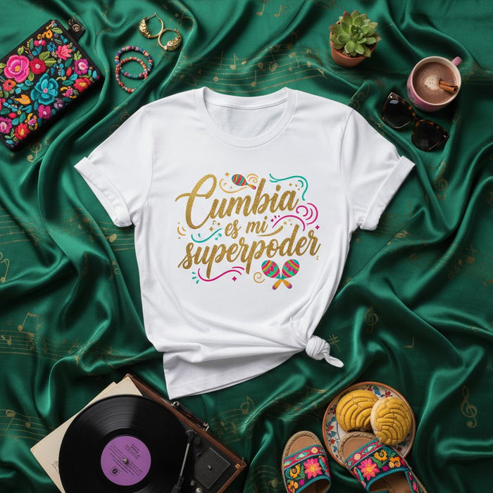 Cumbia es mi superpoder T-Shirt, Glitter Gold Cumbia Shirt, Maraca Dance Top, Latin Music Lover Gift, Spanish Phrase Tee, Retro Vinyl Record Aesthetic