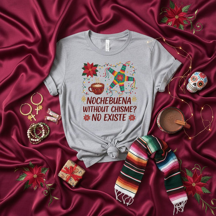 Nochebuena Without Chisme No Existe Shirt, Christmas Poinsettia Piñata Hot Chocolate Latina Fiesta Holiday T-Shirt, Funny Xmas Gift Tee for Spanish Speakers