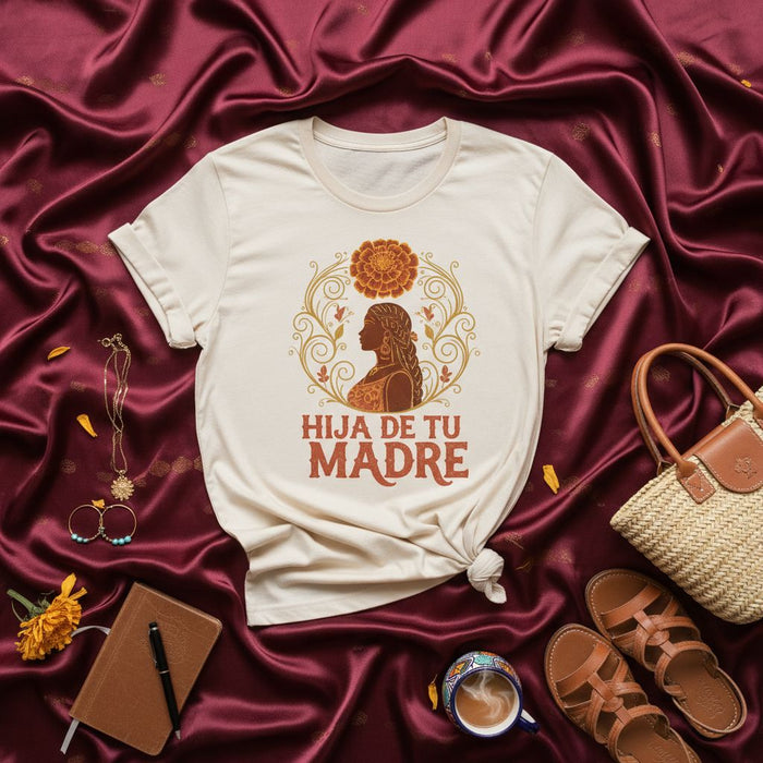 Hija De Tu Madre T-Shirt, Empowering Latina Graphic Tee, Marigold Floral Design, Strong Woman Silhouette, Spanish Phrase Statement Shirt