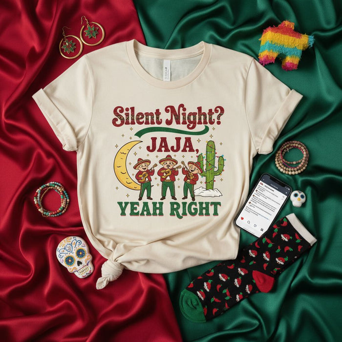 Silent Night? Jaja, Yeah Right Funny Christmas Mariachi T-Shirt, Mexican Xmas Fiesta Tee, Cute Holiday Shirt with Guitar Players Cactus Moon, Unisex Festive Apparel Gift for Him Her