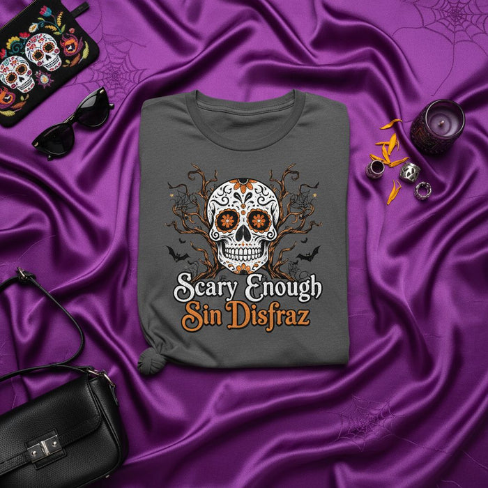 Scary Enough Sin Disfraz Dia De Los Muertos T-Shirt Sugar Skull Bats Tree Branches Halloween Costume Mexican Culture Spooky Unisex Tee Gift Idea