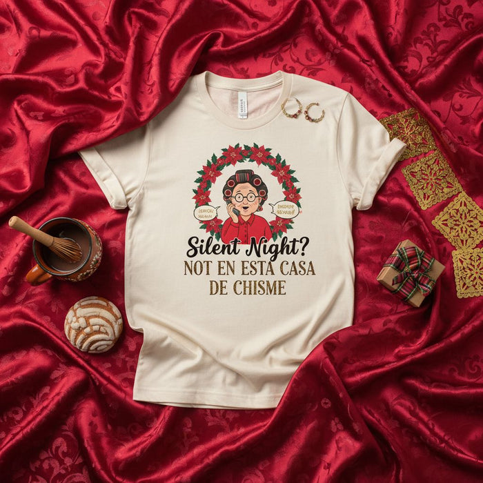 Silent Night Not En Esta Casa De Chisme T-Shirt, Latina Grandma Christmas Shirt, Funny Spanish Holiday Shirt, Abuela Chismosa Tee, Poinsettia Wreath Design