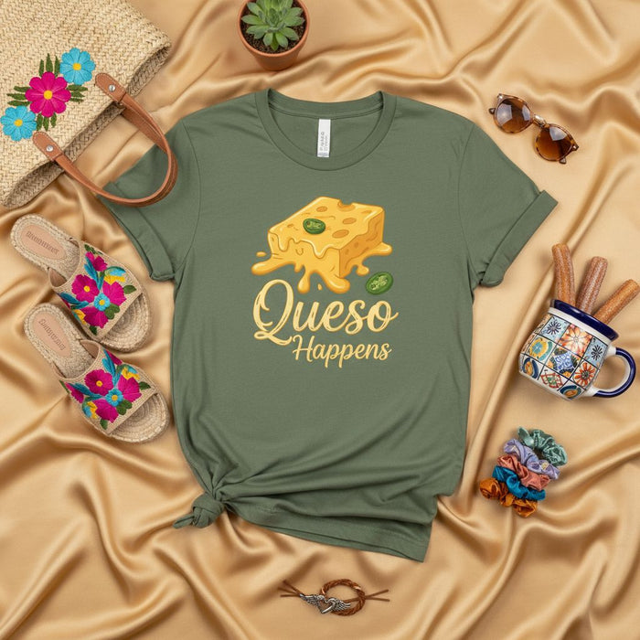 Queso Happens T-Shirt Funny Mexican Food Nacho Cheese Jalapeño Graphic Tee Gift for Cheese Lovers