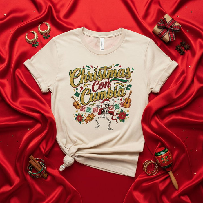 Christmas Con Cumbia Shirt, Funny Skeleton Dancing Latin Music Christmas Tee, Holiday Party Top, Spanish Language Navidad T-shirt for Men Women