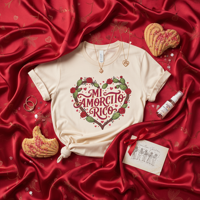 Mi Amorcito Rico Shirt, Valentine's Day T-Shirt, Mexican Fiesta Heart with Red Roses and Cactus, Cute Spanish Love Quote Tee, Unisex Gift for Him or Her, Hispanic Culture Inspired Apparel