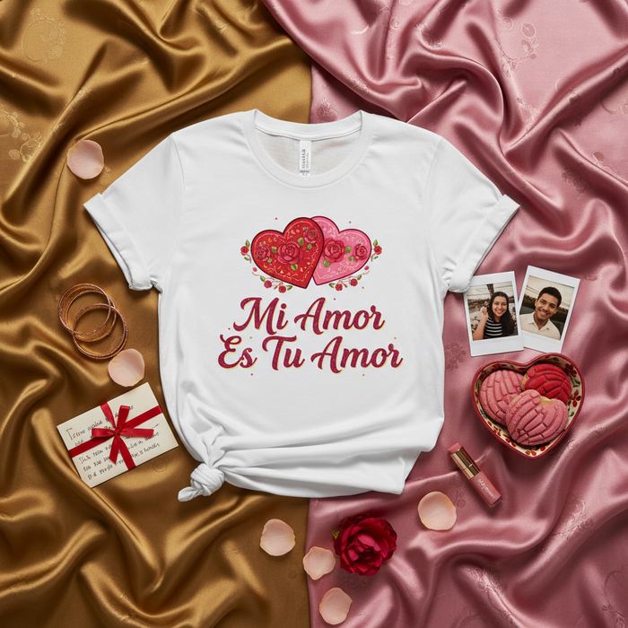 Mi Amor Es Tu Amor T-Shirt | Valentine's Day Tee with Romantic Hearts & Roses Graphic | Spanish Love Quote Shirt | Cute Couples Gift for Him Her | Unisex Anniversary Present | Dia de San Valentin Apparel
