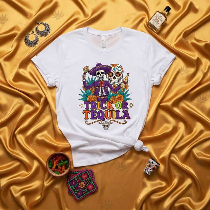 Trick or Tequila Day of the Dead T-Shirt, Sugar Skull Halloween Party Tee, Funny Skeleton Fiesta Graphic Shirt