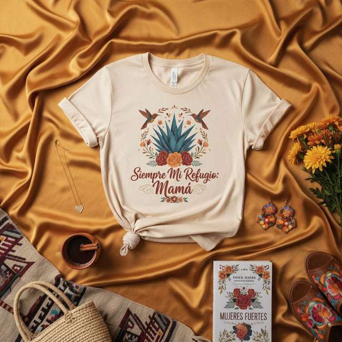 Siempre Mi Refugio: Mamá Shirt, Spanish Mama T-Shirt, Mother's Day Gift, Strong Women Tee, Agave Floral Design, Hummingbird Graphic, Hispanic Mom Apparel, Beige Unisex T-Shirt