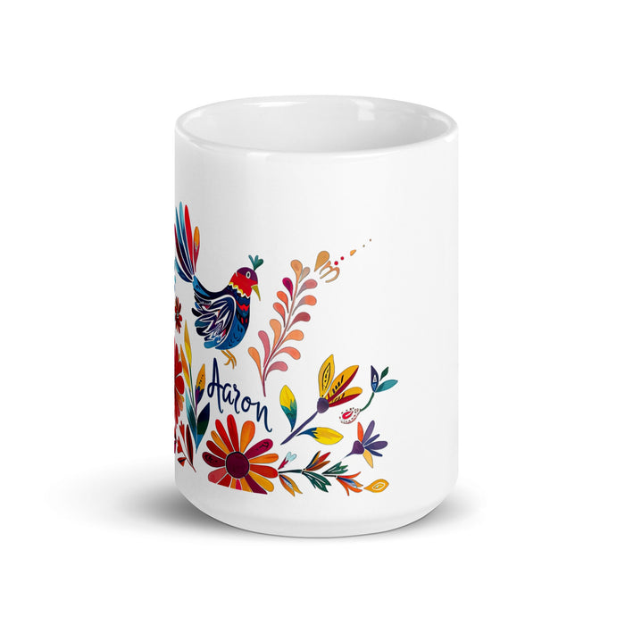 Aaron Exclusive Name Art Piece Home Office Work Coffee Mug Mexican Spanish Pride Gift Cup One - Of - A - Kind Calligraphy White Glossy Mug | A1 - Mexicada