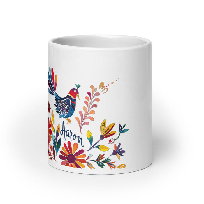 Aaron Exclusive Name Art Piece Home Office Work Coffee Mug Mexican Spanish Pride Gift Cup One-Of-A-Kind Calligraphy White Glossy Mug | A1 Mexicada