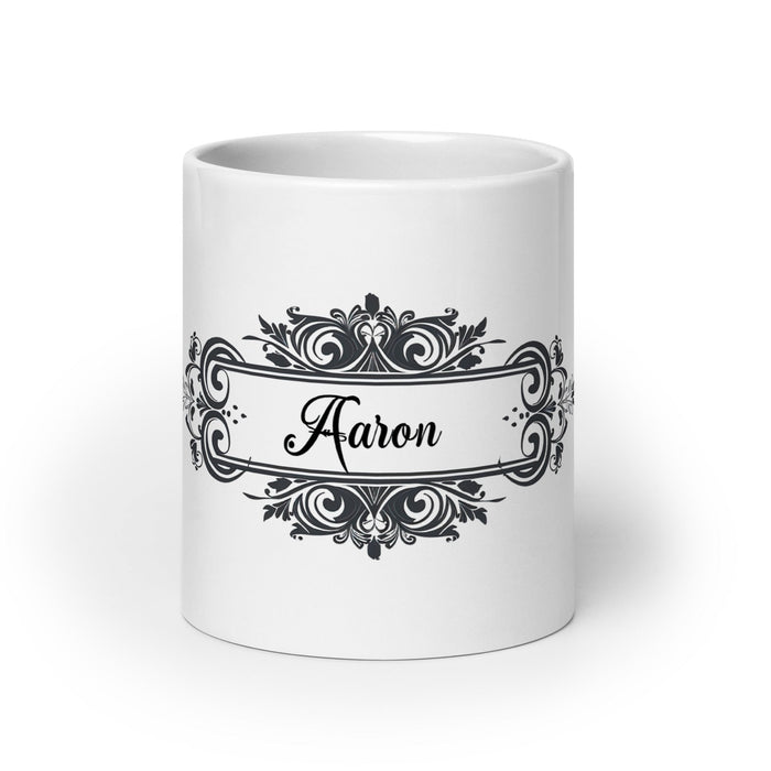 Aaron Exclusive Name Art Piece Home Office Work Coffee Mug Mexican Spanish Pride Gift Cup One - Of - A - Kind Calligraphy White Glossy Mug | A11 - Mexicada