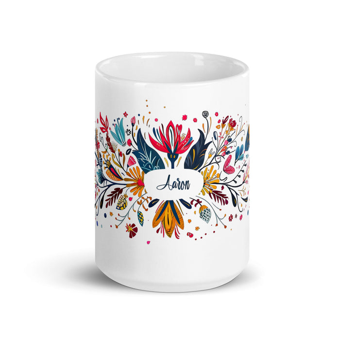 Aaron Exclusive Name Art Piece Home Office Work Coffee Mug Mexican Spanish Pride Gift Cup One - Of - A - Kind Calligraphy White Glossy Mug | A16 - Mexicada