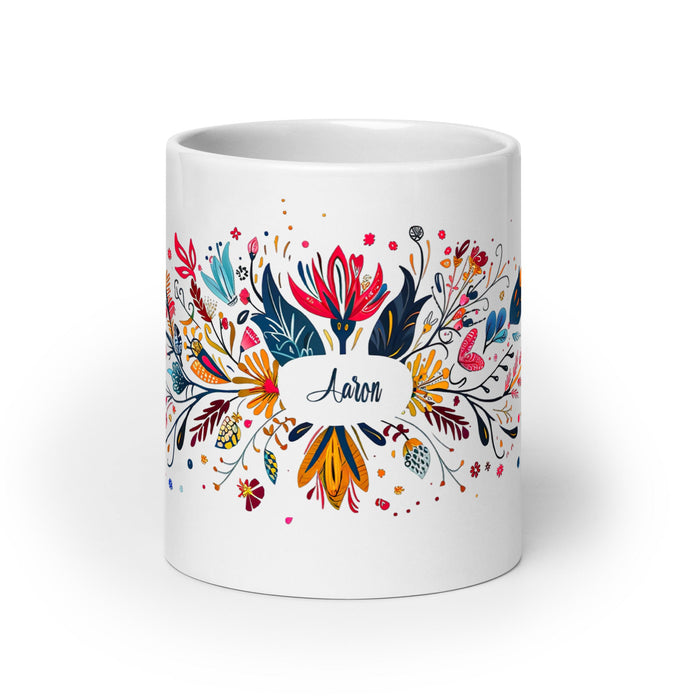 Aaron Exclusive Name Art Piece Home Office Work Coffee Mug Mexican Spanish Pride Gift Cup One - Of - A - Kind Calligraphy White Glossy Mug | A16 - Mexicada