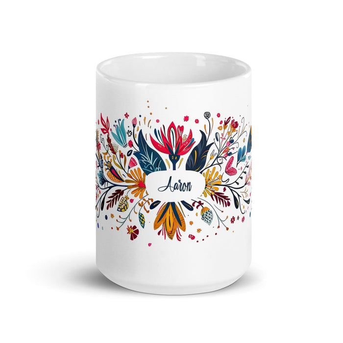 Aaron Exclusive Name Art Piece Home Office Work Coffee Mug Mexican Spanish Pride Gift Cup One-Of-A-Kind Calligraphy White Glossy Mug | A16 Mexicada