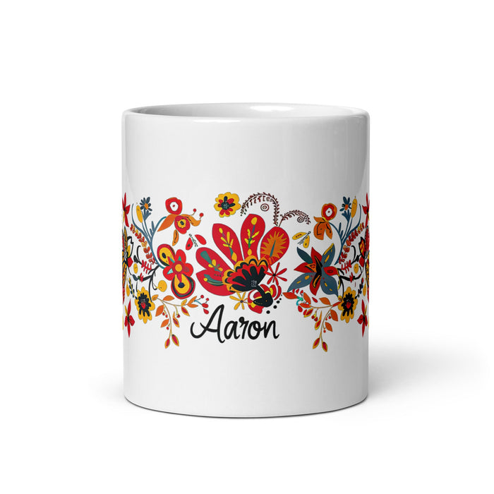 Aaron Exclusive Name Art Piece Home Office Work Coffee Mug Mexican Spanish Pride Gift Cup One - Of - A - Kind Calligraphy White Glossy Mug | A17 - Mexicada