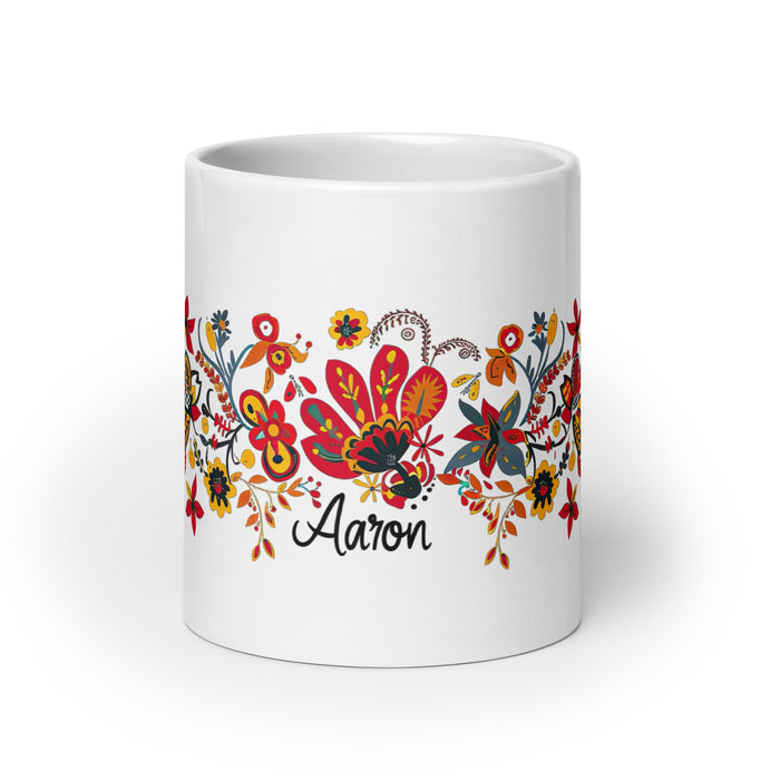 Aaron Exclusive Name Art Piece Home Office Work Coffee Mug Mexican Spanish Pride Gift Cup One - Of - A - Kind Calligraphy White Glossy Mug | A17 - Mexicada