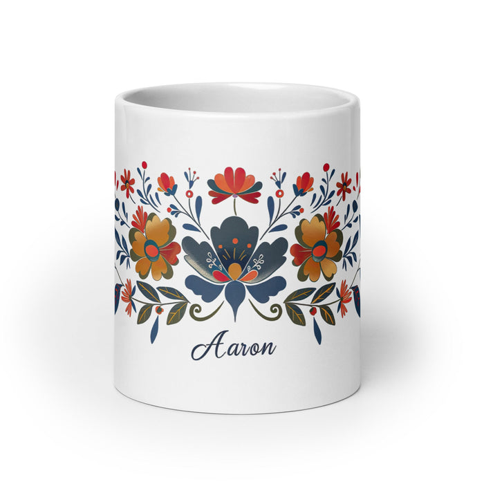 Aaron Exclusive Name Art Piece Home Office Work Coffee Mug Mexican Spanish Pride Gift Cup One - Of - A - Kind Calligraphy White Glossy Mug | A18 - Mexicada