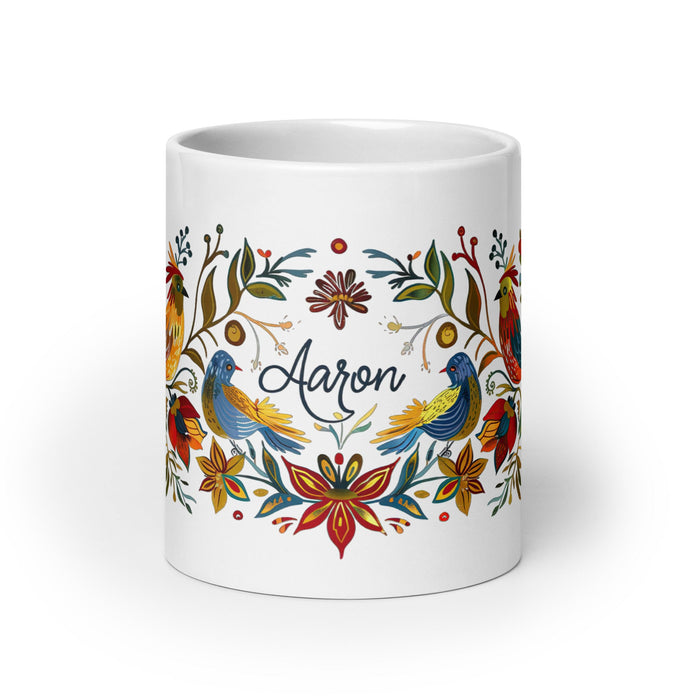 Aaron Exclusive Name Art Piece Home Office Work Coffee Mug Mexican Spanish Pride Gift Cup One - Of - A - Kind Calligraphy White Glossy Mug | A4 - Mexicada