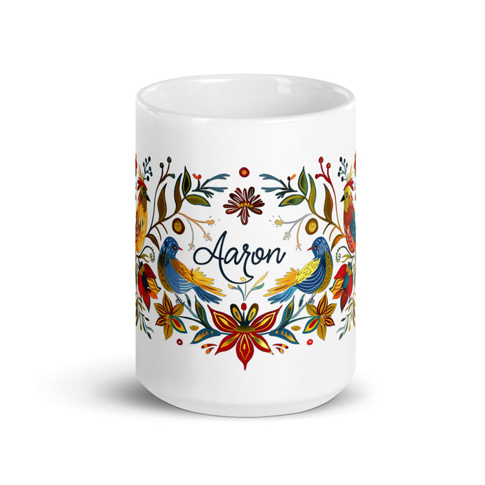 Aaron Exclusive Name Art Piece Home Office Work Coffee Mug Mexican Spanish Pride Gift Cup One - Of - A - Kind Calligraphy White Glossy Mug | A4 - Mexicada