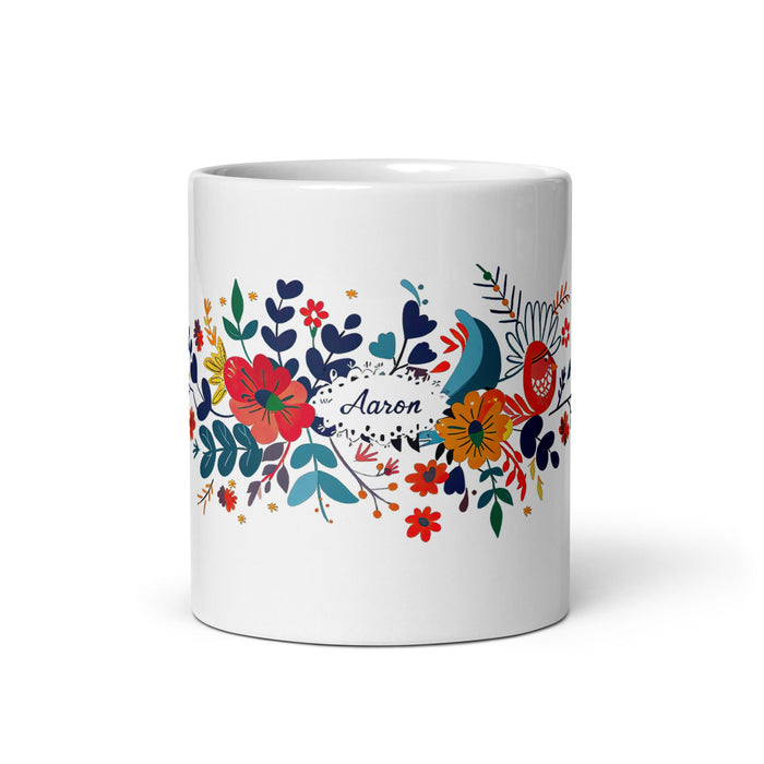 Aaron Exclusive Name Art Piece Home Office Work Coffee Mug Mexican Spanish Pride Gift Cup One - Of - A - Kind Calligraphy White Glossy Mug | A6 - Mexicada