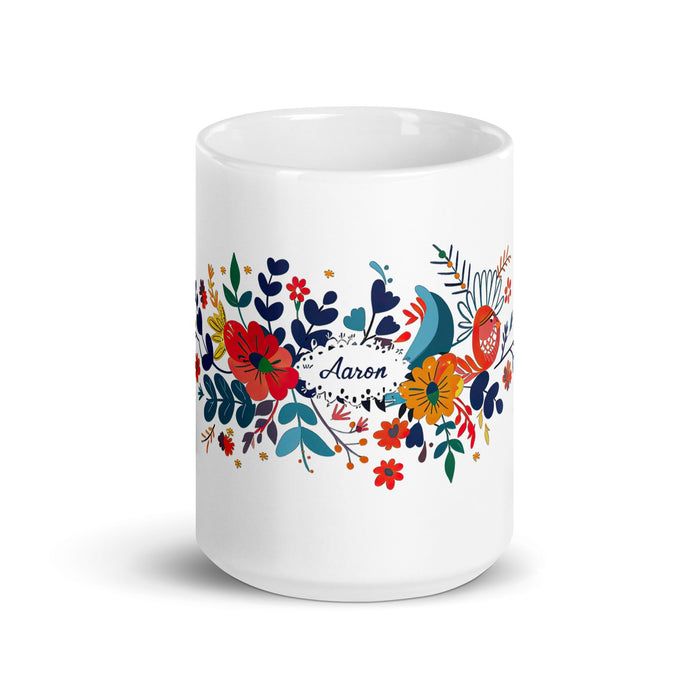 Aaron Exclusive Name Art Piece Home Office Work Coffee Mug Mexican Spanish Pride Gift Cup One - Of - A - Kind Calligraphy White Glossy Mug | A7 - Mexicada