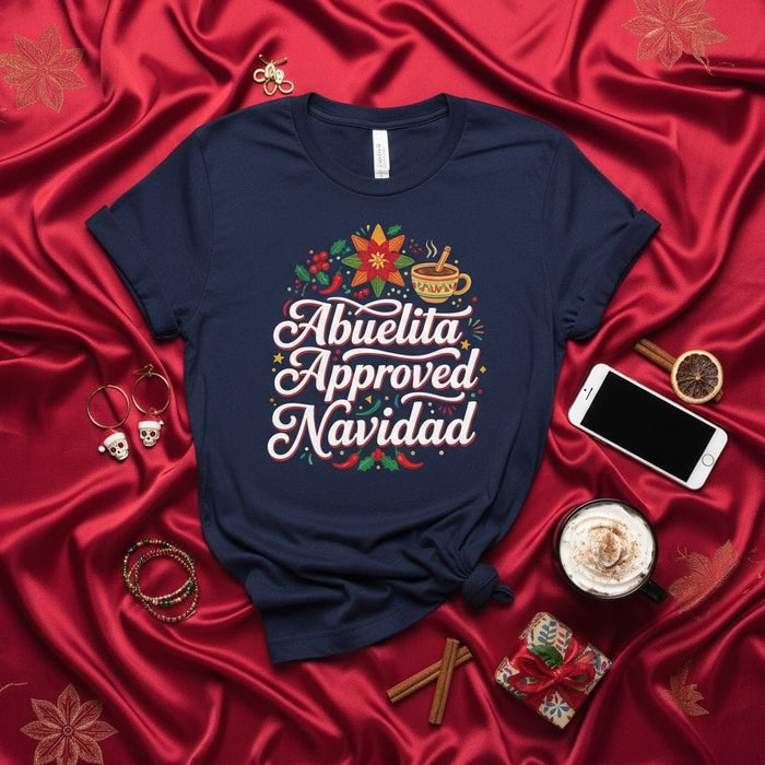Abuelita Approved Navidad T-Shirt, Spanish Christmas Shirt, Holiday Tee with Poinsettias and Hot Chocolate, Festive Latina Grandma Gift, Feliz Navidad Apparel Mexicada