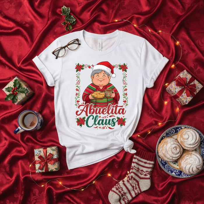 Abuelita Claus Christmas T-Shirt, Cute Hispanic Grandmother Gift, Latinx Xmas Tee with Poinsettia Wreath, Nana Holiday Cookie Sweater, Spanish Grandma Shirt Mexicada