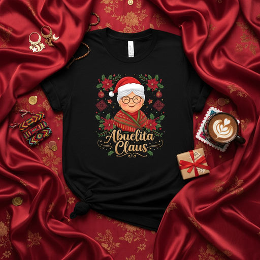Abuelita Claus Christmas T-Shirt with Santa Hat, Poinsettias, and Traditional Hispanic Blanket Design for Grandma, Mother, or Aunt Holiday Gift Tee Mexicada