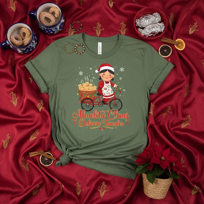 Abuelita Claus Delivers Tamales Christmas T-Shirt, Funny Holiday Abuela Mexican Food Shirt, Women's Men's Unisex Spanish Family Xmas Party Gift Tee, Cute Graphic Bike Santa Granny Top Mexicada