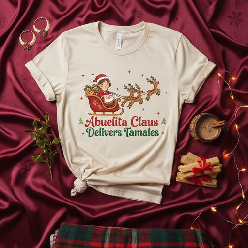 Abuelita Claus Delivers Tamales Christmas T-Shirt, Funny Latina Grandma Santa Sleigh Reindeer Holiday Shirt, Cute Hispanic Abuela Gift Tee Mexicada