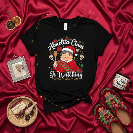 Abuelita Claus Is Watching Funny Christmas T-Shirt, Latina Grandma Holiday Tee, Cute Spanish Saying Xmas Gift, Mexican Skull Candy Flowers Design, Festive Family Gathering Shirt Mexicada