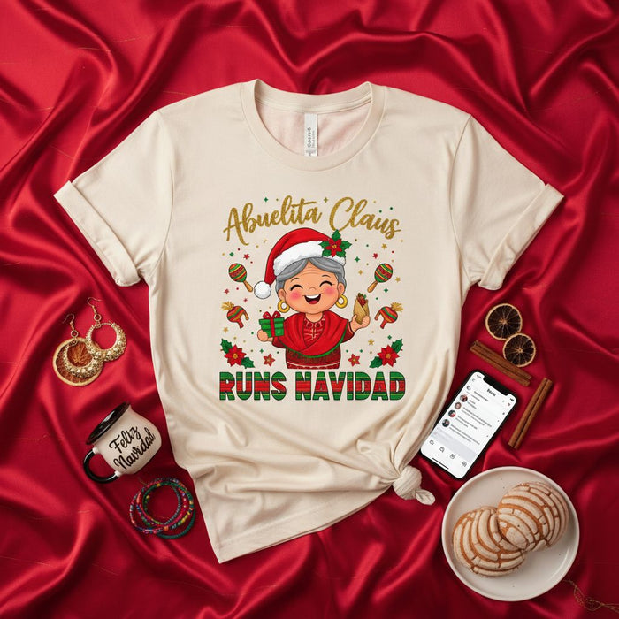 Abuelita Claus Runs Navidad Shirt: Funny Hispanic Grandma Christmas T-Shirt, Abuela Santa with Maracas, Festive Holiday Tee Gift for Spanish-Speaking Grandmother Mexicada