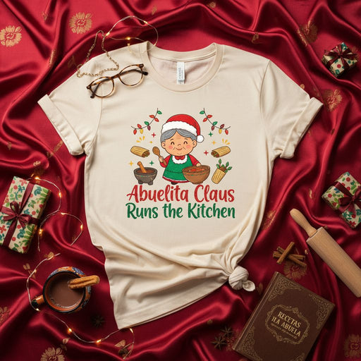 Abuelita Claus Runs the Kitchen Funny Christmas Tamale T-Shirt, Cute Abuela Chef Holiday Apparel, Spanish Grandmother Cooking Tee, Festive Family Recipe Gift for Nana, Xmas Baking Shirt Mexicada